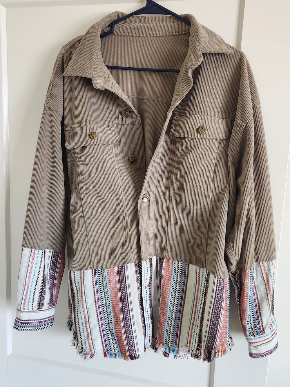 Fringe Hem Jacket in Beige with Striped Hem